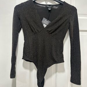 Revamped La Nuit Black Shimmer Bodysuit Long Sleeve V-Neck NWT sz S